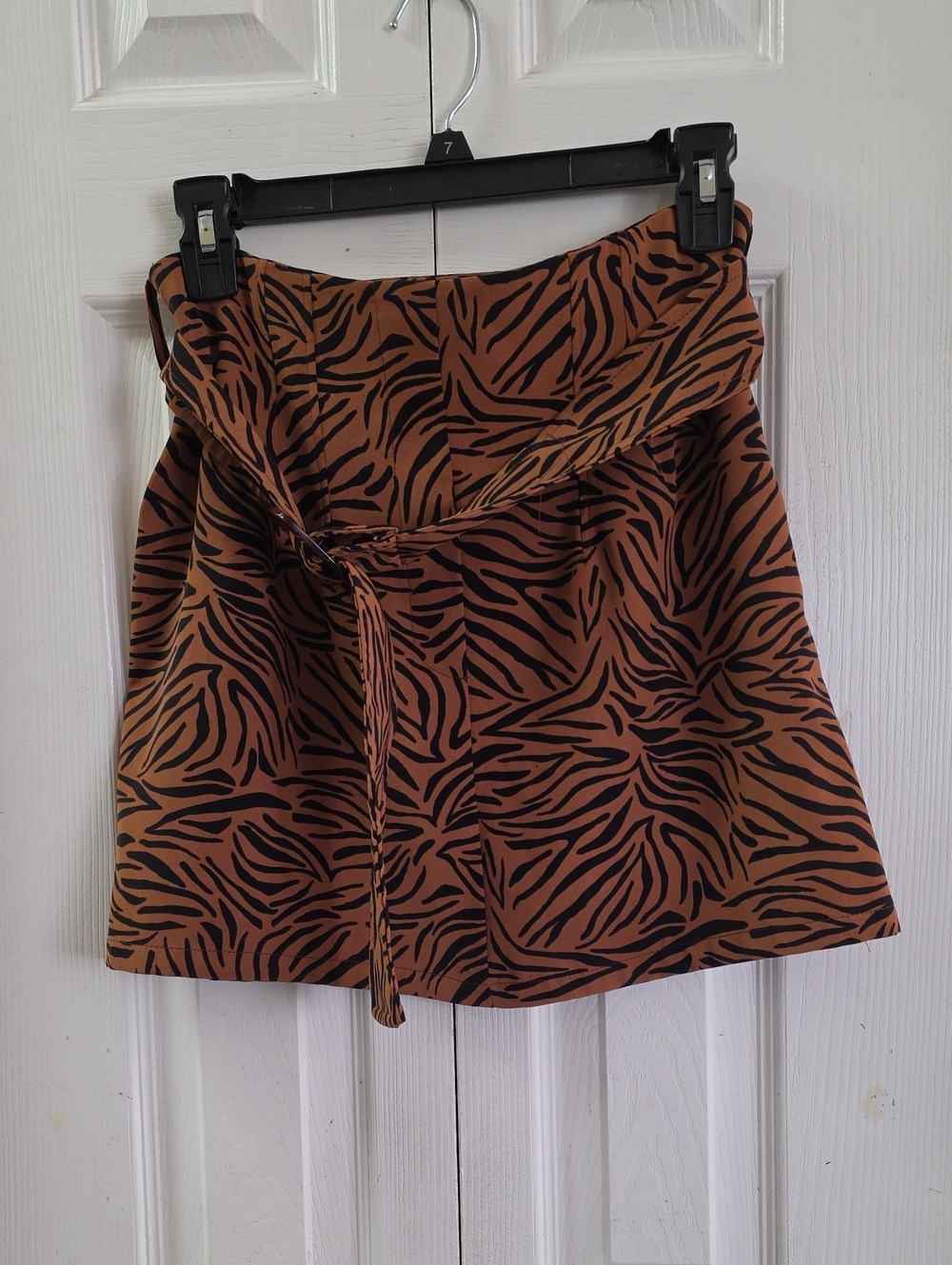 Zara Brown and Black Tiger-Print Mini Skirt with Waist Tie